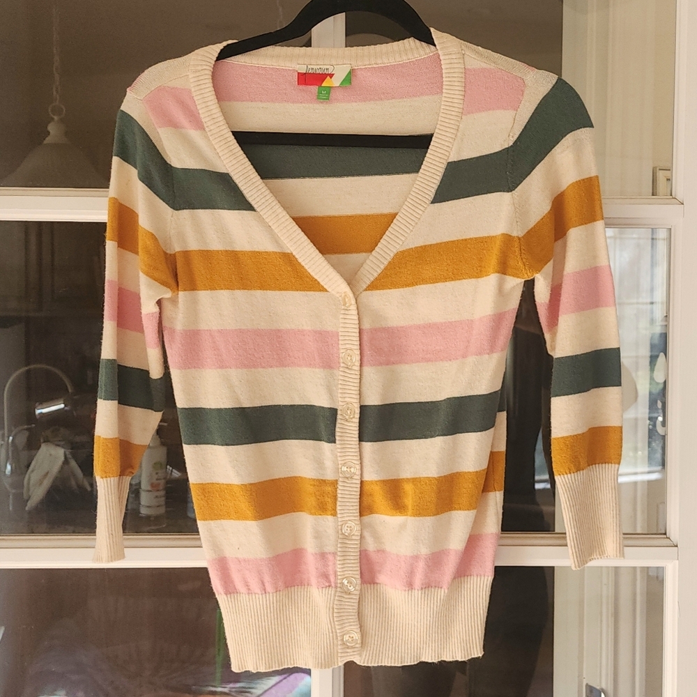 Cream, Pink, Green, and Mustard Striped Cardigan